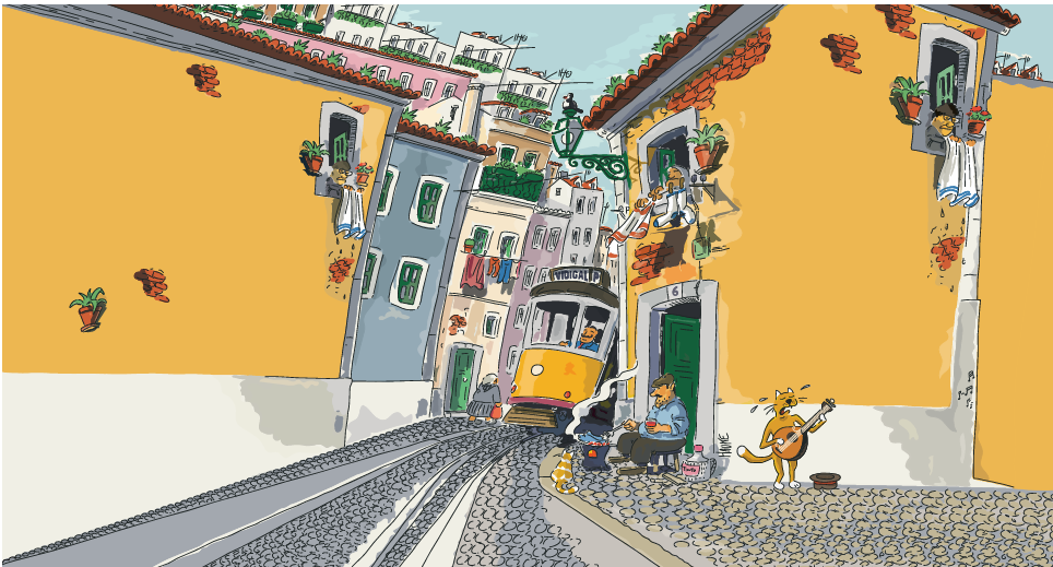 Ilustração Porta 6: ruas de Lisboa, bonde amarelo e personagens da marca